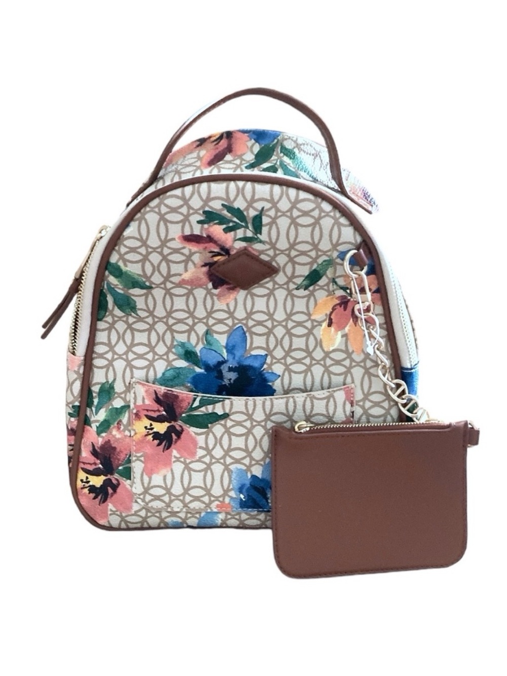 Time and Tru Floral Mini Backpack in Cream and Brown with Blue Accents